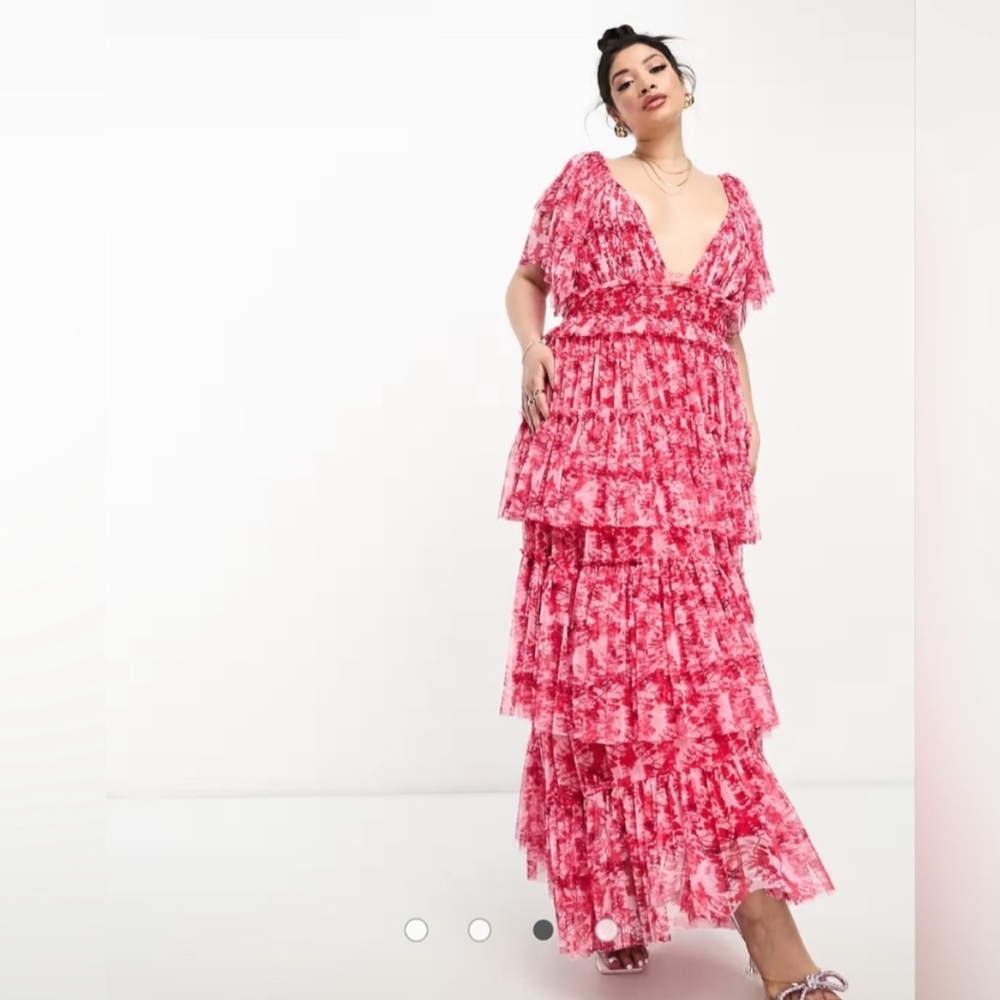 ASOS Lace & Beads Exclusive Flutter Sleeve Ruffle Maxi Dress | Floral Print | 14